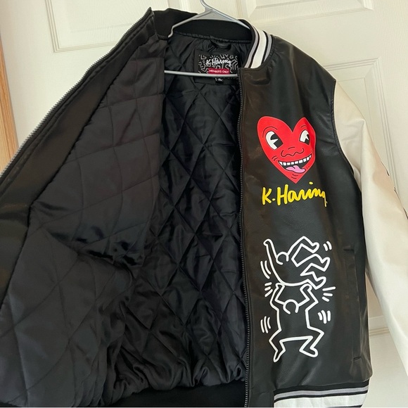Keith Haring Members Only Varsity Faux Leather Bomber Jacket Heart Black Men XL - Picture 11 of 14